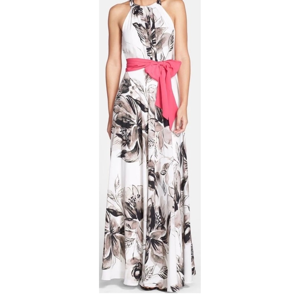 Eliza J Floral Halter Maxi Dress with Pink Sash White Gray Black Size 14